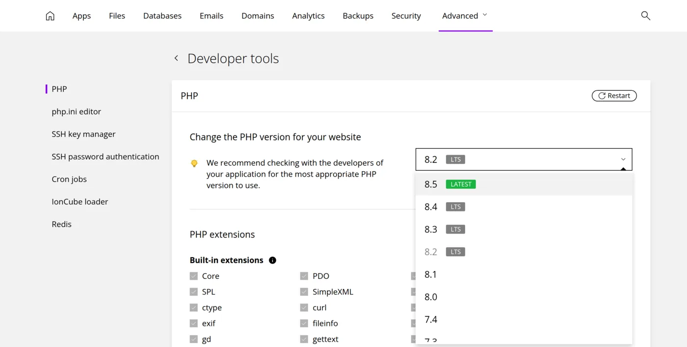 Developer tools page with a PHP version menu listing versions from 7.4 to 8.5